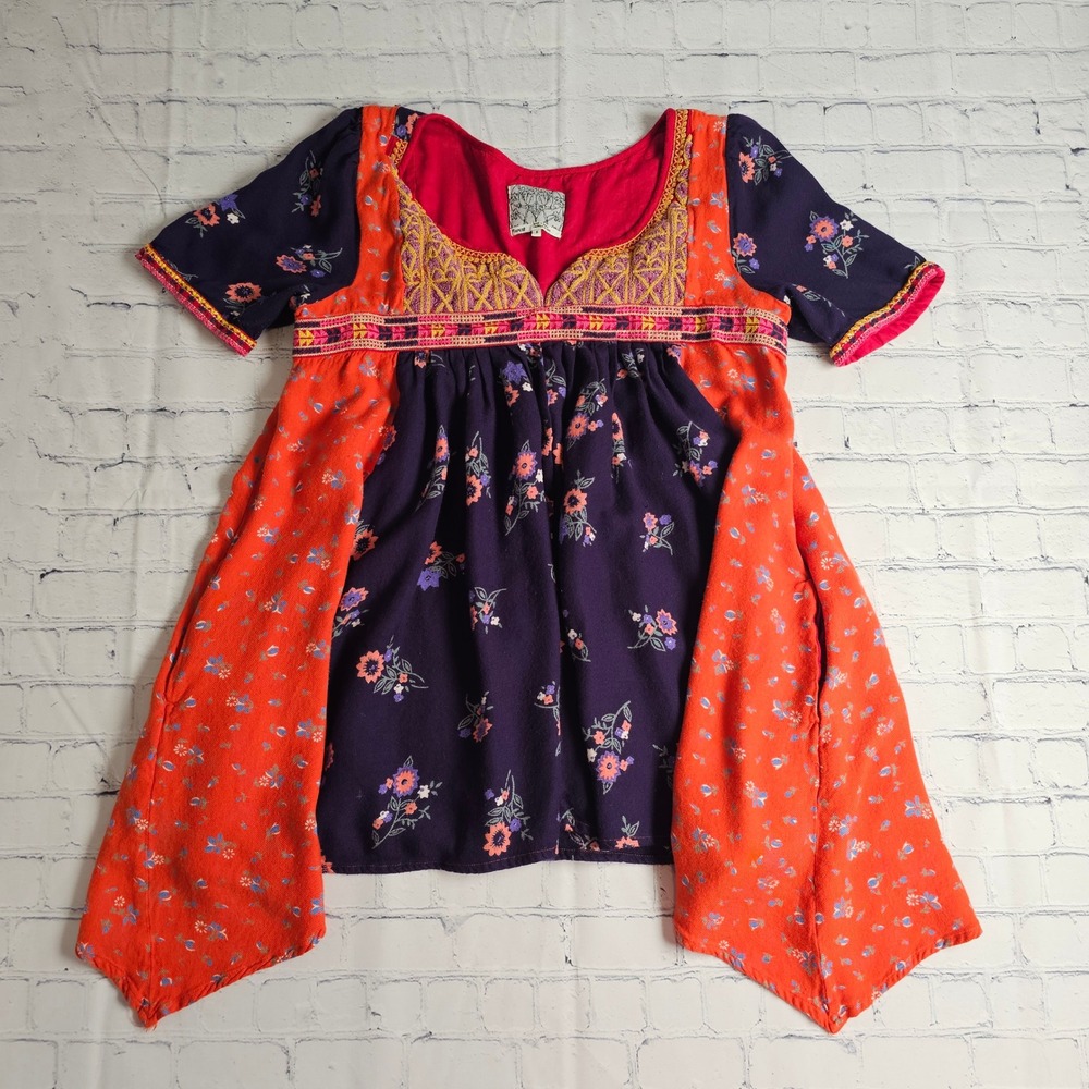 Floreat Anthropologie Mixed Floral Embroidered Tunic Top Orange Navy Blue Size 8